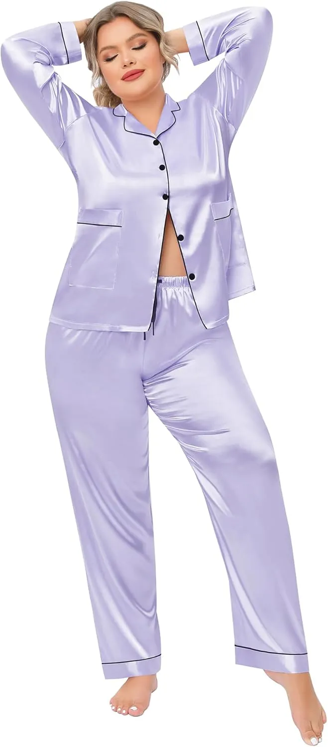 SWOMOG Women Plus Size Long Sleeve Pajamas Silk Satin Pajama Sets Button Down Sleepwear Pjs Loungewear with Pockets