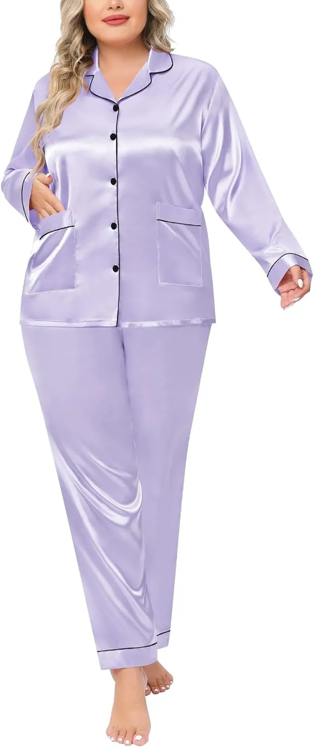 SWOMOG Women Plus Size Long Sleeve Pajamas Silk Satin Pajama Sets Button Down Sleepwear Pjs Loungewear with Pockets