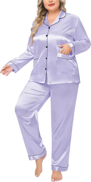 SWOMOG Women Plus Size Long Sleeve Pajamas Silk Satin Pajama Sets Button Down Sleepwear Pjs Loungewear with Pockets