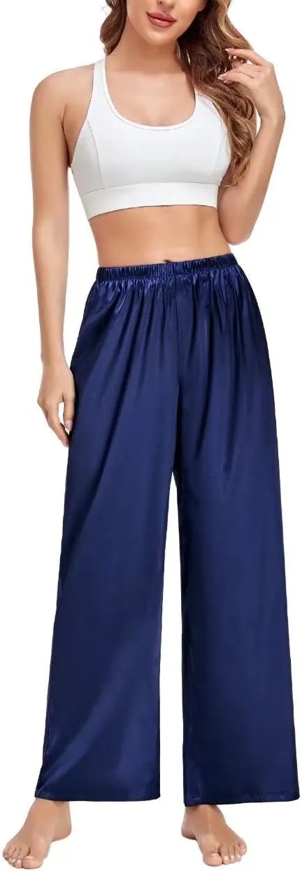 SWOMOG Women's Silk Satin Pajama Pants Longs Silky Sleep Pants Loungewear Trousers Elastic Waist Lounge Pj Bottoms