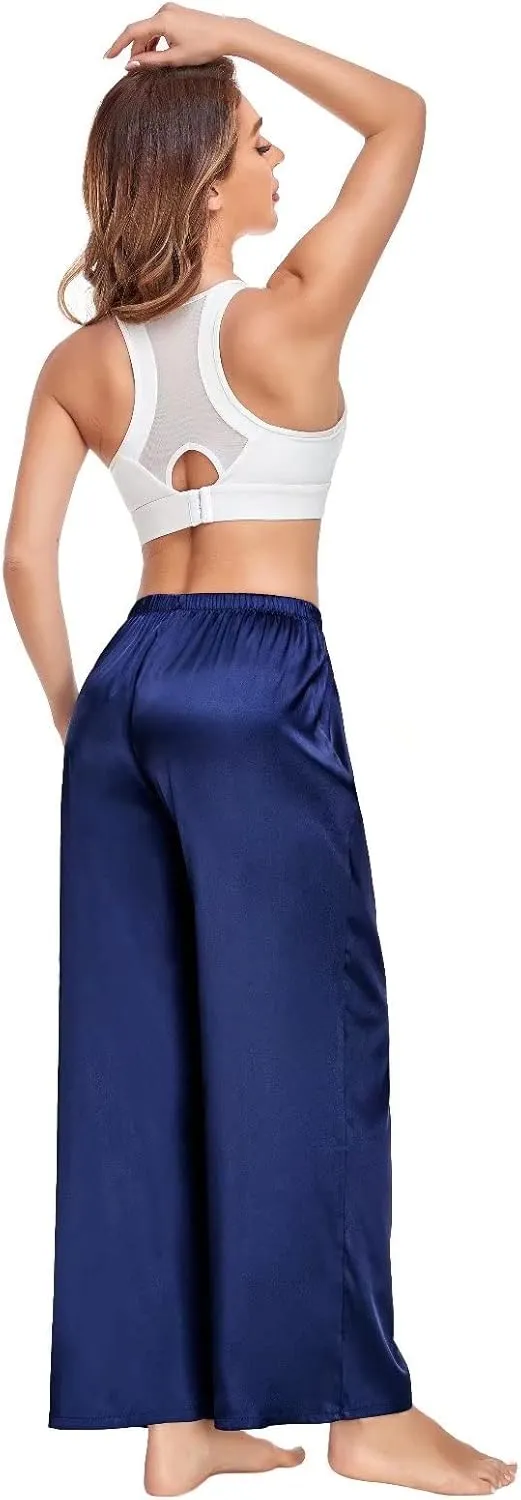 SWOMOG Women's Silk Satin Pajama Pants Longs Silky Sleep Pants Loungewear Trousers Elastic Waist Lounge Pj Bottoms