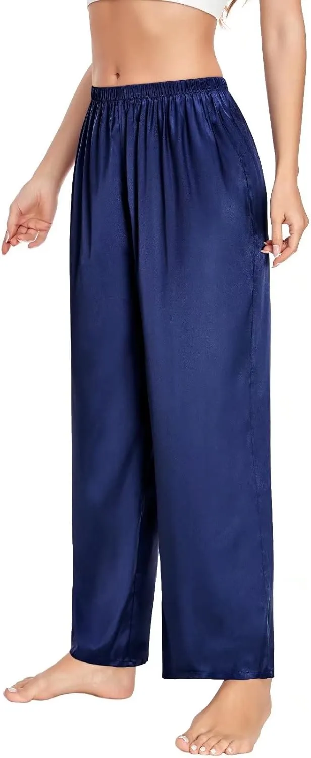 SWOMOG Women's Silk Satin Pajama Pants Longs Silky Sleep Pants Loungewear Trousers Elastic Waist Lounge Pj Bottoms
