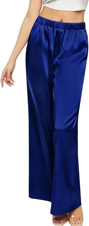 SWOMOG Women's Silk Satin Pajama Pants Longs Silky Sleep Pants Loungewear Trousers Elastic Waist Lounge Pj Bottoms
