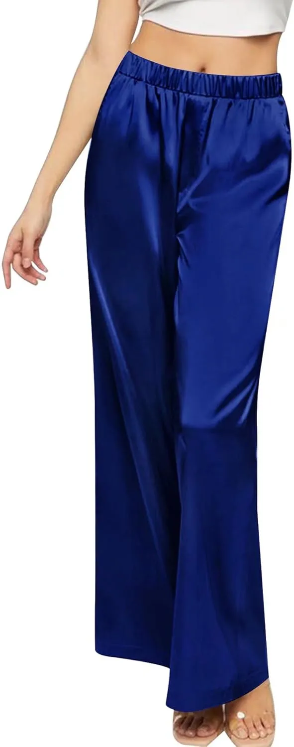 SWOMOG Women's Silk Satin Pajama Pants Longs Silky Sleep Pants Loungewear Trousers Elastic Waist Lounge Pj Bottoms