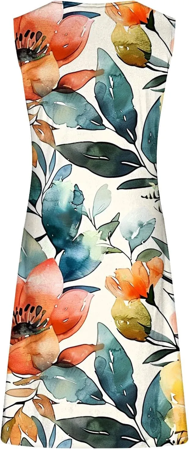 TANGNADE Summer Dresses for Women 2024 Trendy Boho Floral Print Beach Tank Dresses Casual Sleeveless Sundresses