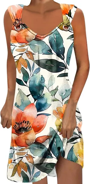 TANGNADE Summer Dresses for Women 2024 Trendy Boho Floral Print Beach Tank Dresses Casual Sleeveless Sundresses