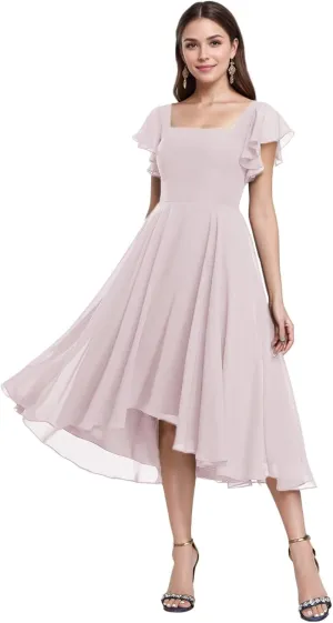 Tea Length Chiffon Bridesmaid Dress Sqaure Neck Formal Party Dresses with Short Sleeve