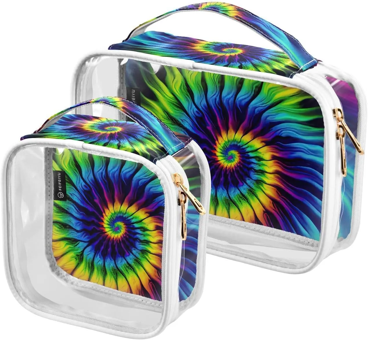 Tie-dye-print 2 Pack Clear Toiletry Bag Women Men, Portable Waterproof Clear Pouch, Cosmetic Bag with Double Zippers Large Opening Traveling with Handle for Bathroom Traveling Vacation Organizing