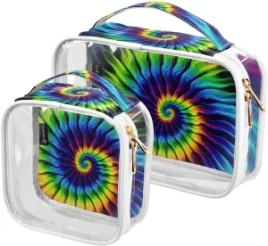 Tie-dye-print 2 Pack Clear Toiletry Bag Women Men, Portable Waterproof Clear Pouch, Cosmetic Bag with Double Zippers Large Opening Traveling with Handle for Bathroom Traveling Vacation Organizing
