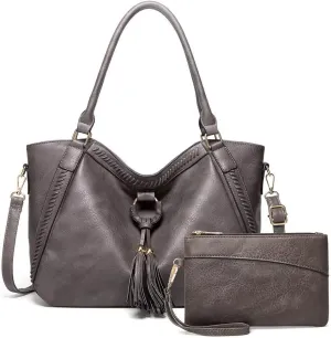 Tote Bag for Women Large PU Leather Shoulder Bag Hobo Crossbody Purse Vintage Top Handle Satchel With Matching Clutch