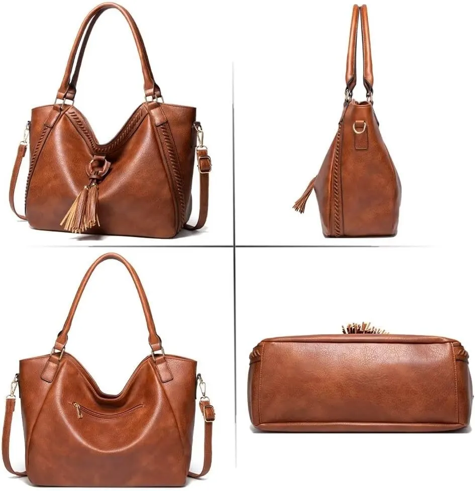 Tote Bag for Women Large PU Leather Shoulder Bag Hobo Crossbody Purse Vintage Top Handle Satchel With Matching Clutch