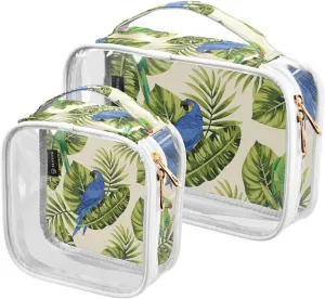 Tropical Leaves-pattern 2 Pack Clear Toiletry Bag Women Men, Portable Waterproof Clear Pouch, Cosmetic Bag with Double Zippers Large Opening Traveling with Handle for Bathroom Traveling Vacation Organ