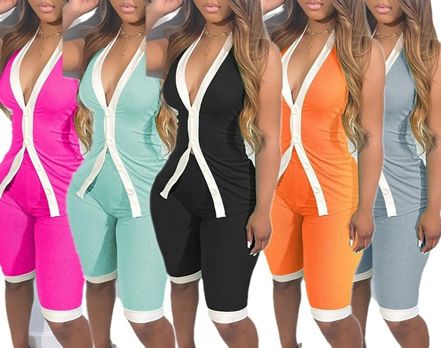 Uni Clau Summer 2 Piece Outfits for Women Casual Stretchy Button Down Tank Top   Biker Shorts Set Workout Tracksuits