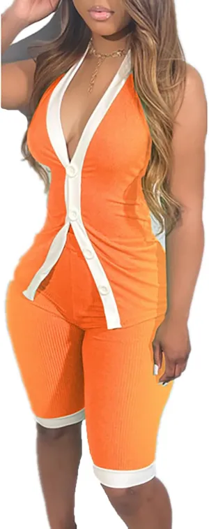 Uni Clau Summer 2 Piece Outfits for Women Casual Stretchy Button Down Tank Top   Biker Shorts Set Workout Tracksuits