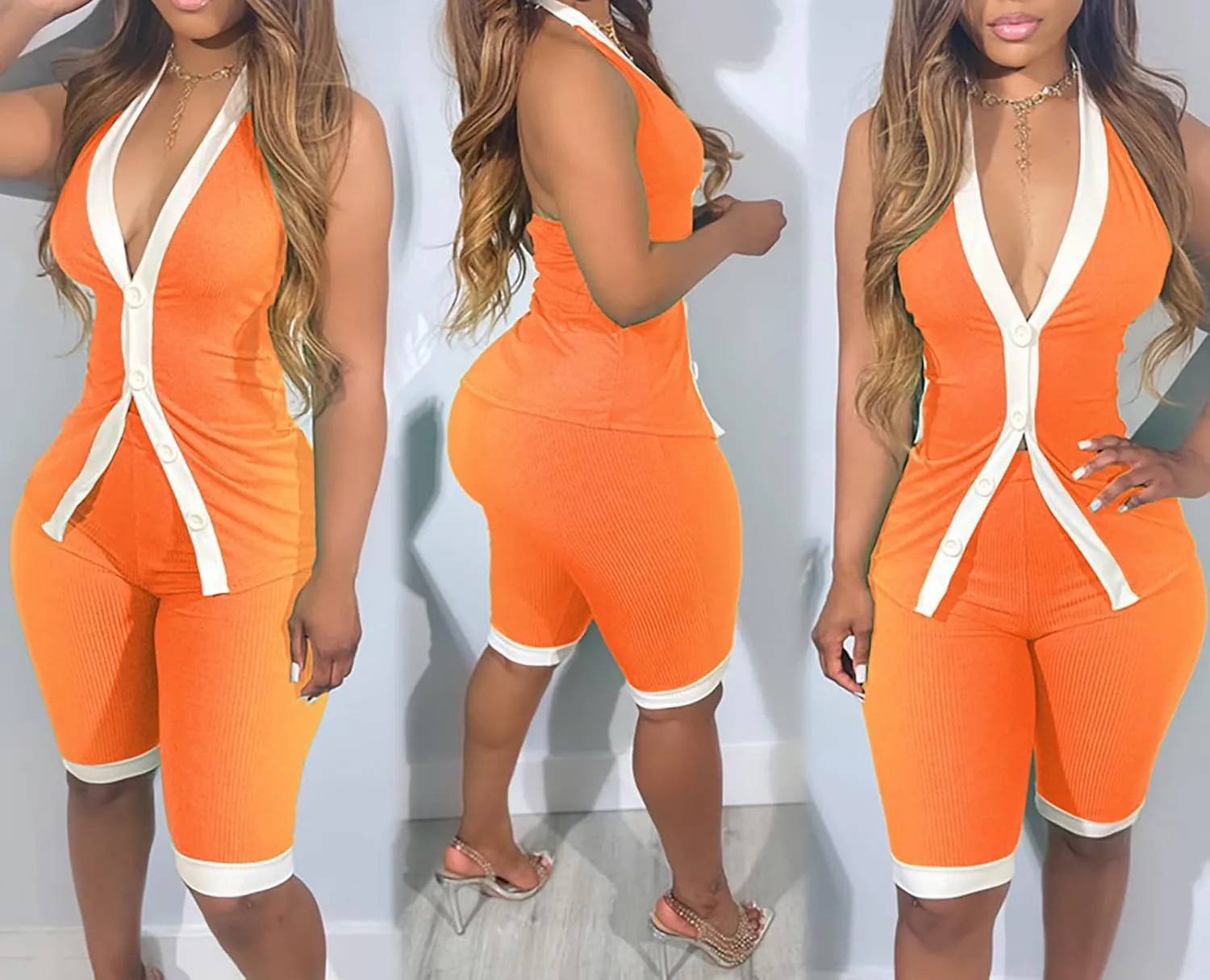Uni Clau Summer 2 Piece Outfits for Women Casual Stretchy Button Down Tank Top   Biker Shorts Set Workout Tracksuits