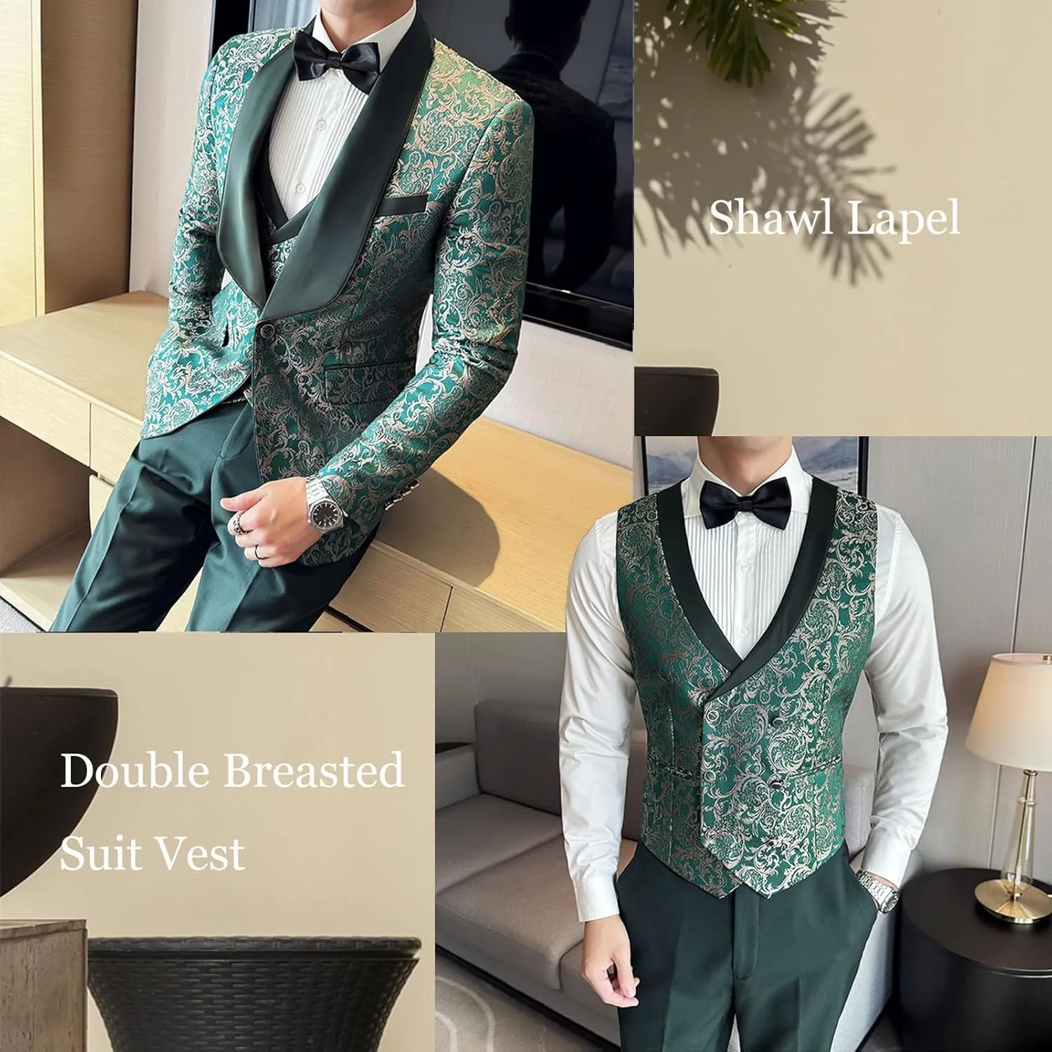 UNINUKOO Mens 3 Piece Suit Jacquard Floral Shawl Lapel Fancy Suits for Men Wedding Party Prom Tuxedo Suit Set