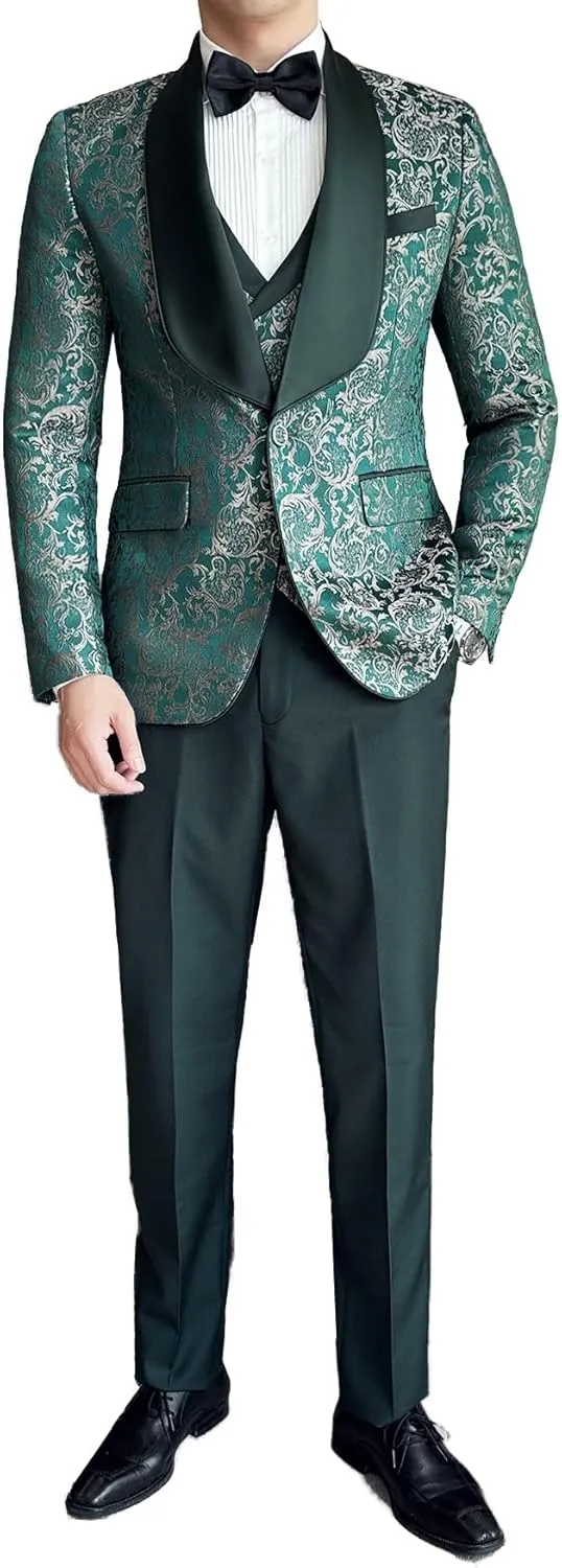 UNINUKOO Mens 3 Piece Suit Jacquard Floral Shawl Lapel Fancy Suits for Men Wedding Party Prom Tuxedo Suit Set