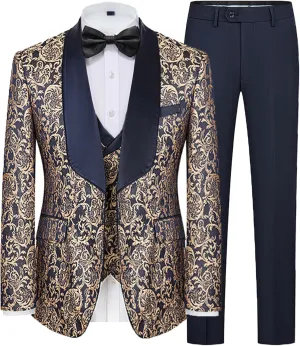 UNINUKOO Mens 3 Piece Suit Jacquard Floral Shawl Lapel Fancy Suits for Men Wedding Party Prom Tuxedo Suit Set