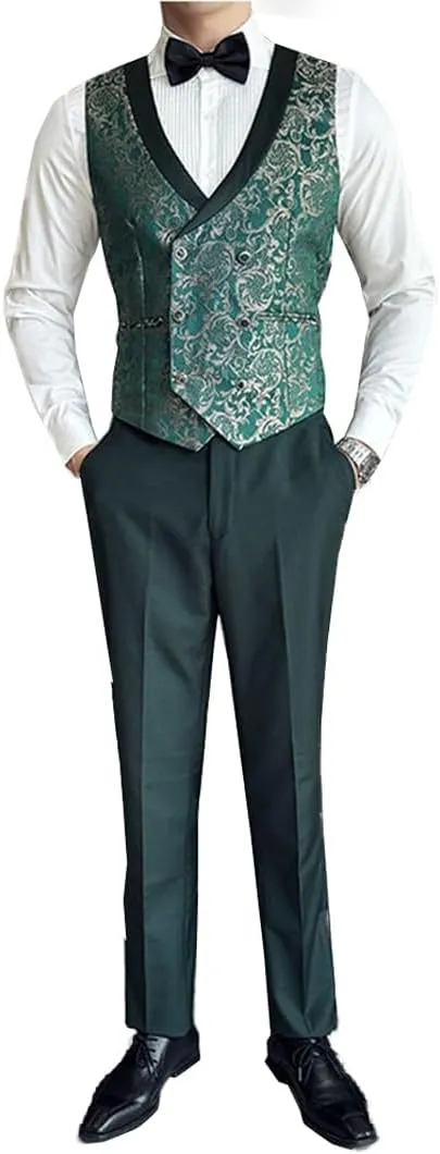 UNINUKOO Mens 3 Piece Suit Jacquard Floral Shawl Lapel Fancy Suits for Men Wedding Party Prom Tuxedo Suit Set