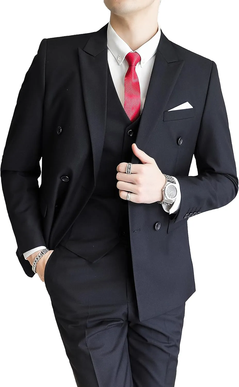 UNINUKOO Mens Suits 2 Piece Double Breasted Tuxedo Suit Slim Fit Wedding Party Dress Formal Suits for Men