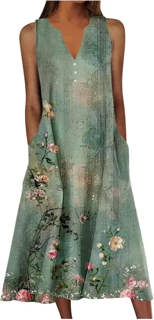 Vacation Dresses for Women 2025 Sleeveless Boho Floral Sundress V-Neck Summer Beach Flowy Dress with Pockets