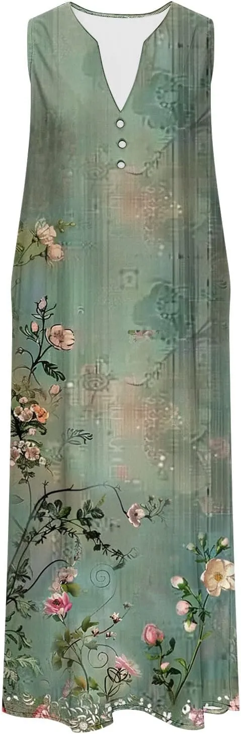 Vacation Dresses for Women 2025 Sleeveless Boho Floral Sundress V-Neck Summer Beach Flowy Dress with Pockets