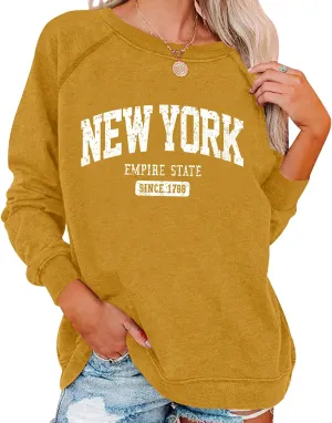 Vdnerjg Women's New York Letter Print Sweatshirt Crewneck Long Sleeve Casual Loose Fit Pullover Shirt