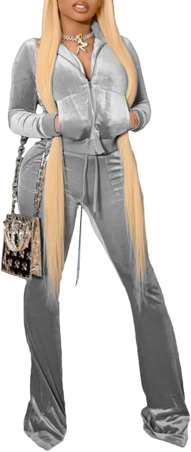 Velour Tracksuit Womens 2 Piece Outfits Zip Up Cropped Jacket Top and Flare Pants Sweatsuits