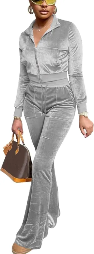 Velour Tracksuit Womens 2 Piece Outfits Zip Up Cropped Jacket Top and Flare Pants Sweatsuits