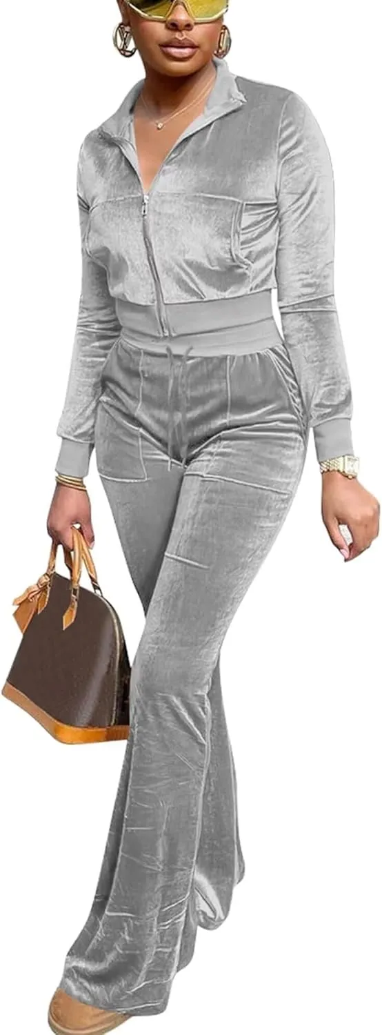 Velour Tracksuit Womens 2 Piece Outfits Zip Up Cropped Jacket Top and Flare Pants Sweatsuits