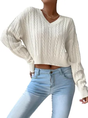 Verdusa Women's Drop Shoulder V Neck Sweater Jumper Long Sleeve Knit Pullover