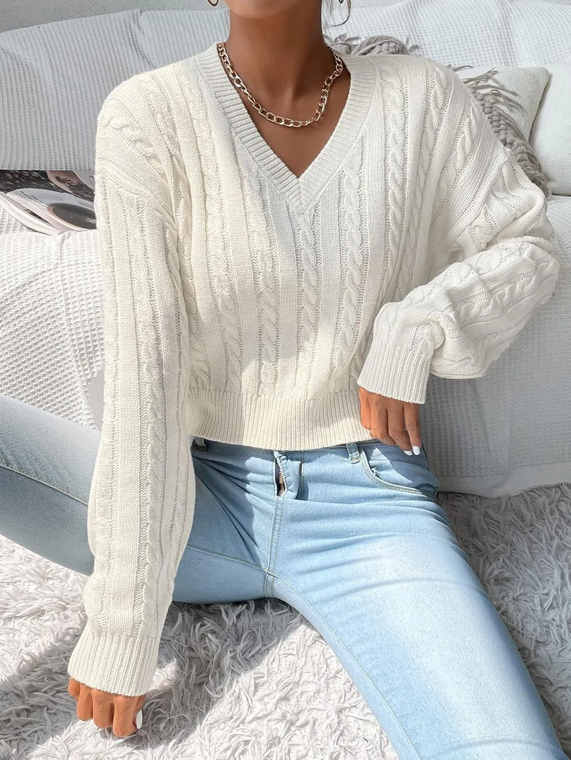 Verdusa Women's Drop Shoulder V Neck Sweater Jumper Long Sleeve Knit Pullover