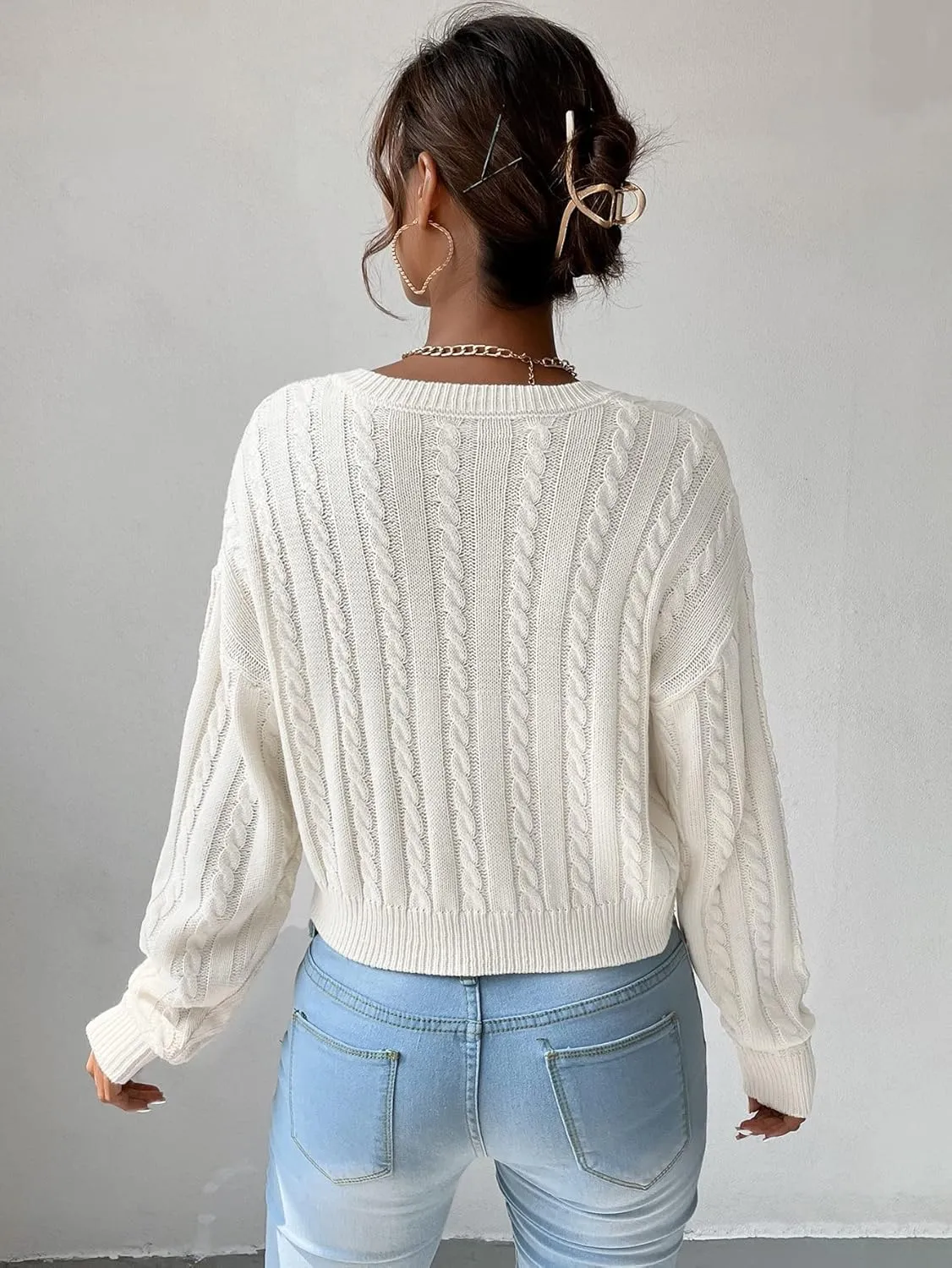 Verdusa Women's Drop Shoulder V Neck Sweater Jumper Long Sleeve Knit Pullover