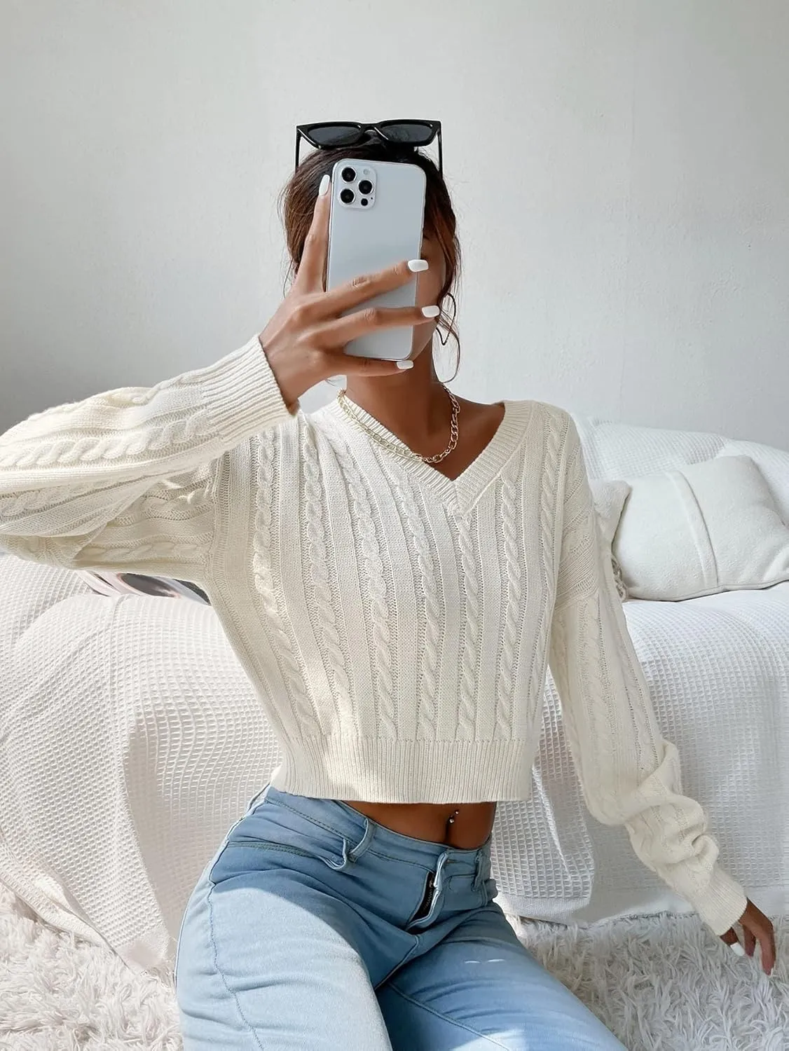 Verdusa Women's Drop Shoulder V Neck Sweater Jumper Long Sleeve Knit Pullover