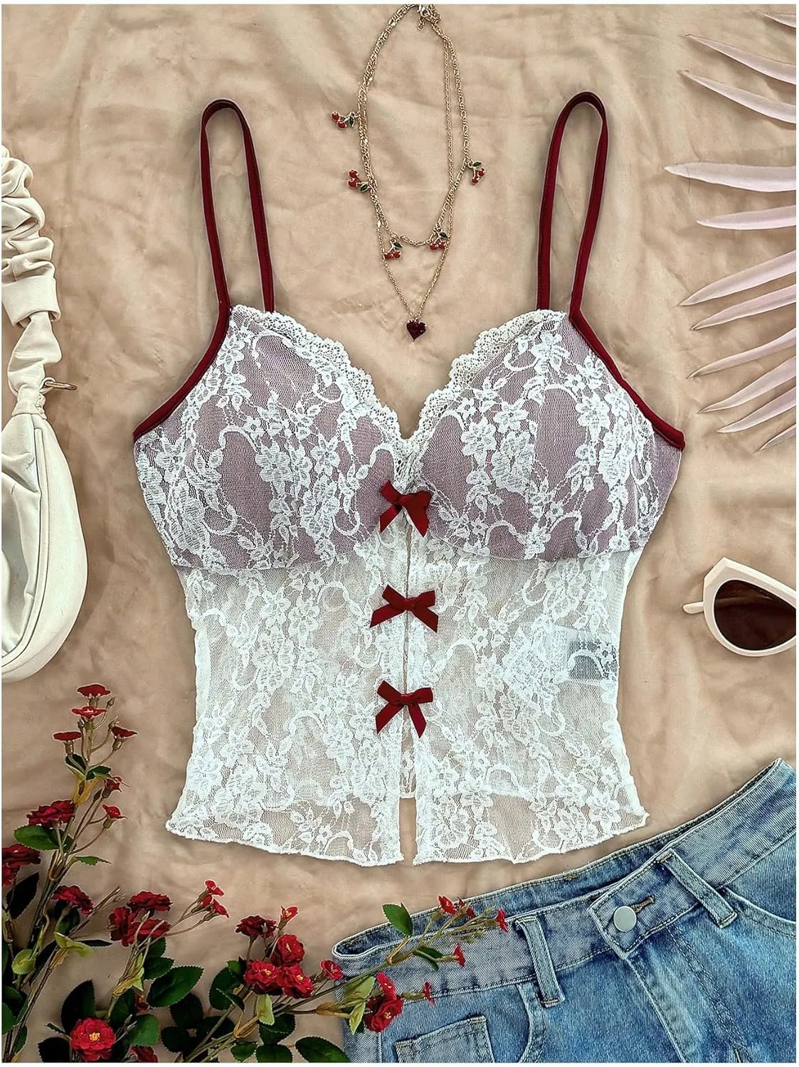 Verdusa Women's Floral Lace Mesh Sheer Bow Knot Crop Cami Top Sleeveless Fitted Camisole