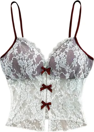 Verdusa Women's Floral Lace Mesh Sheer Bow Knot Crop Cami Top Sleeveless Fitted Camisole