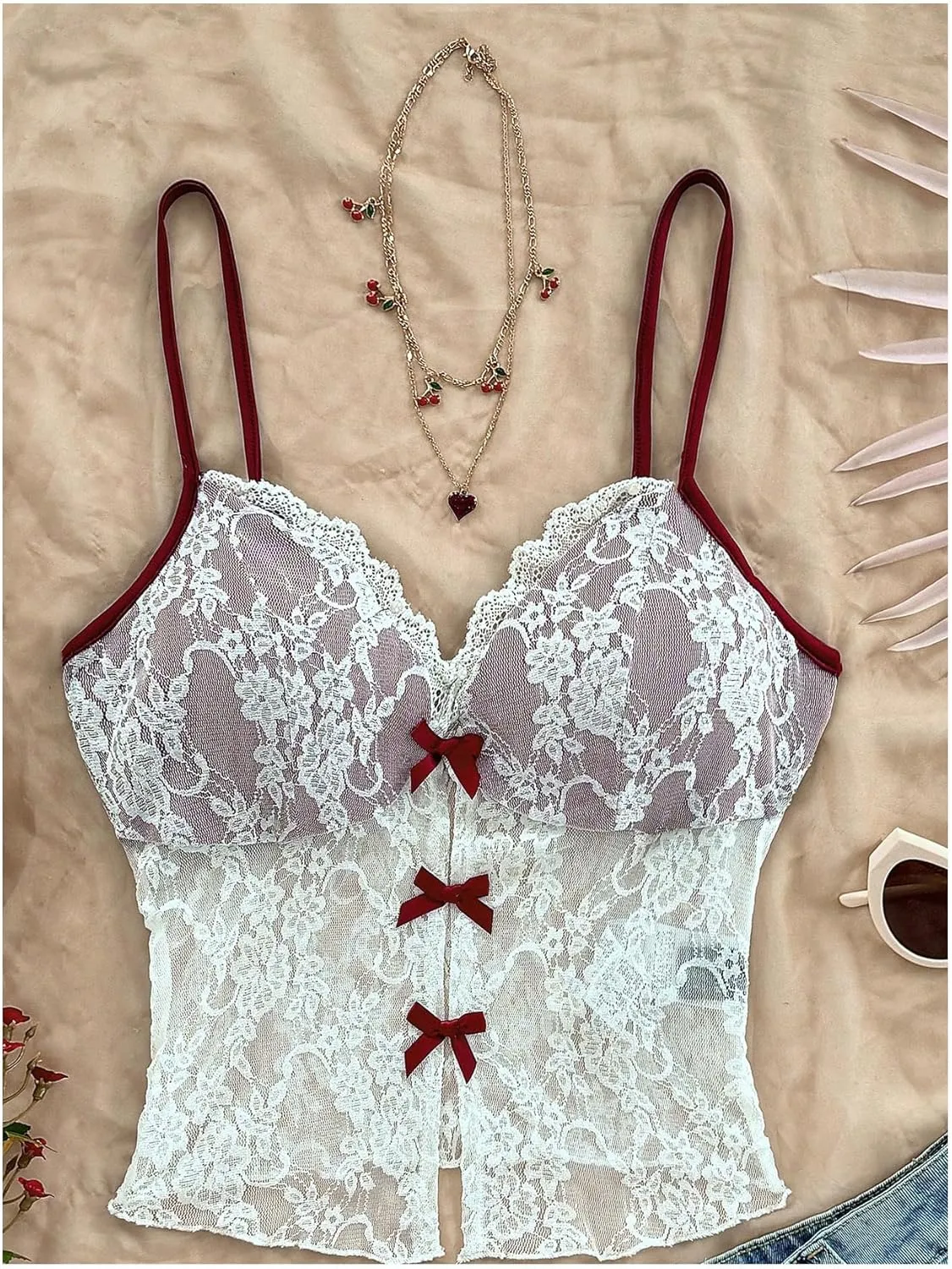 Verdusa Women's Floral Lace Mesh Sheer Bow Knot Crop Cami Top Sleeveless Fitted Camisole