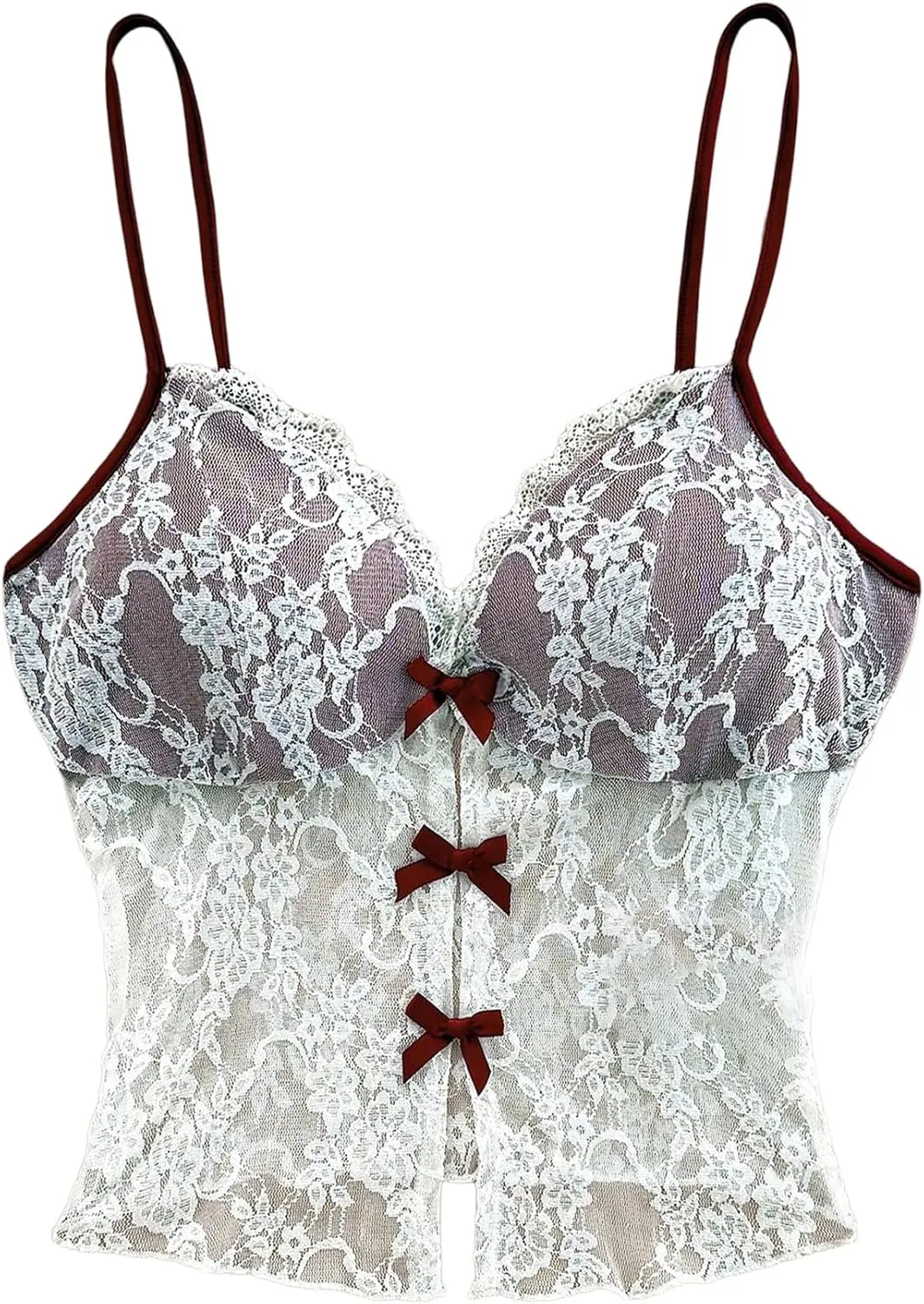 Verdusa Women's Floral Lace Mesh Sheer Bow Knot Crop Cami Top Sleeveless Fitted Camisole