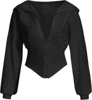 Verdusa Women's Zip Up Long Sleeve Asymmetrical Crop Hoodie Sweatshirt Lightweight Jacket