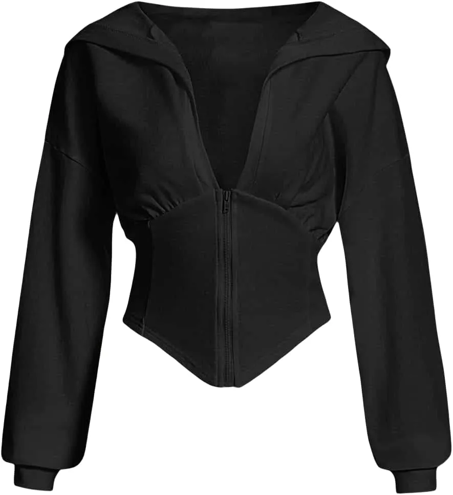 Verdusa Women's Zip Up Long Sleeve Asymmetrical Crop Hoodie Sweatshirt Lightweight Jacket