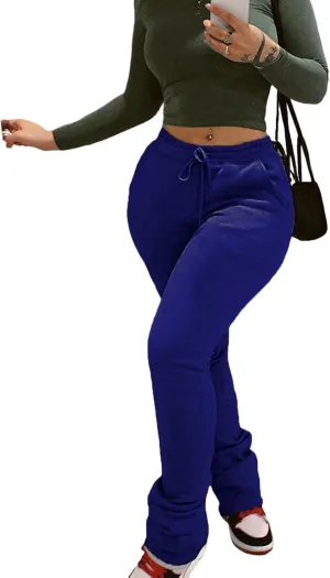 Viatabuna Women Stacked Leggings Pants Casual High Waist Sweatpants Ruched Workout Joggers Drawstring Bell Bottom Flare Pants