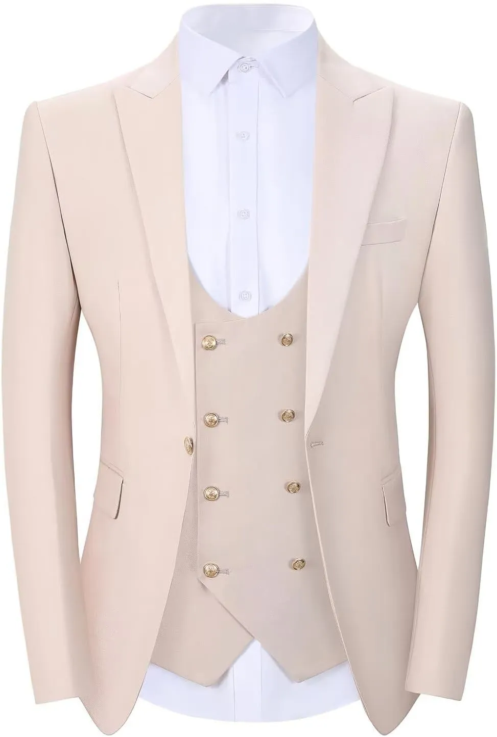 Wangyue 3 Pieces Suits for Men Slim Fit Gold Button Double Breasted Suit Tuxedos Wedding Prom Suit Blazer Vest Pants Set