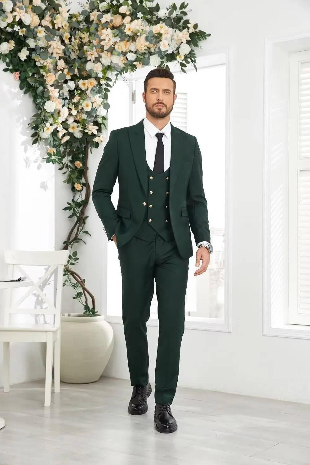 Wangyue 3 Pieces Suits for Men Slim Fit Gold Button Double Breasted Suit Tuxedos Wedding Prom Suit Blazer Vest Pants Set
