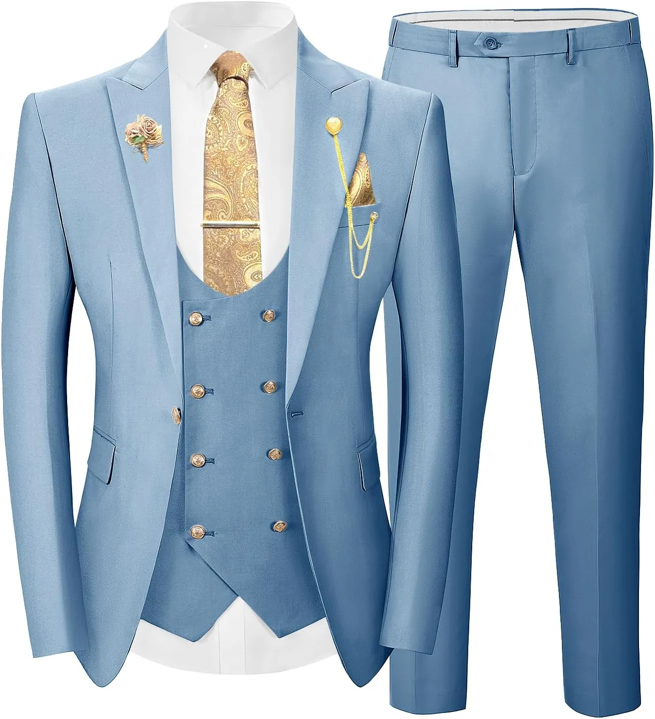 Wangyue 3 Pieces Suits for Men Slim Fit Gold Button Double Breasted Suit Tuxedos Wedding Prom Suit Blazer Vest Pants Set
