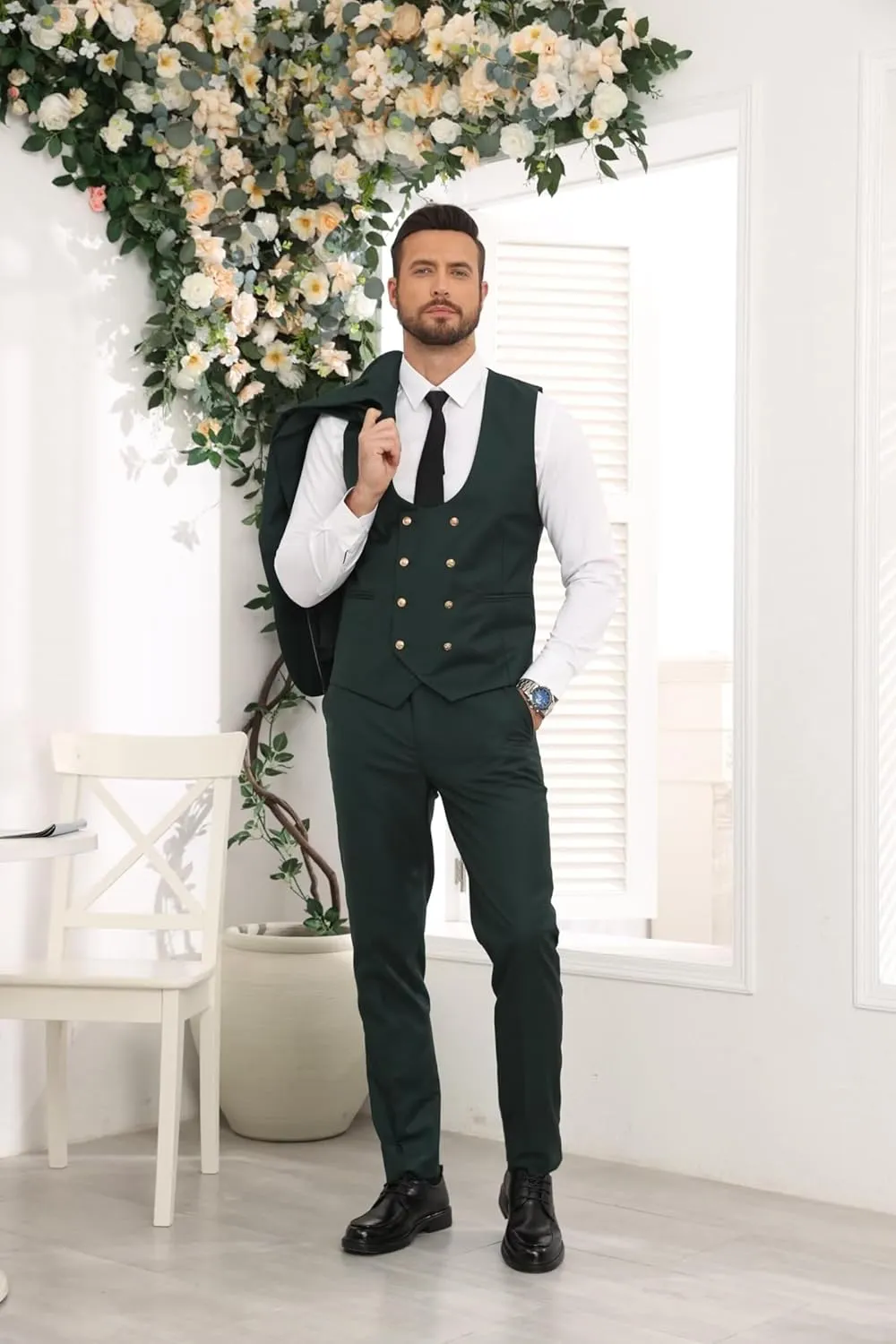 Wangyue 3 Pieces Suits for Men Slim Fit Gold Button Double Breasted Suit Tuxedos Wedding Prom Suit Blazer Vest Pants Set