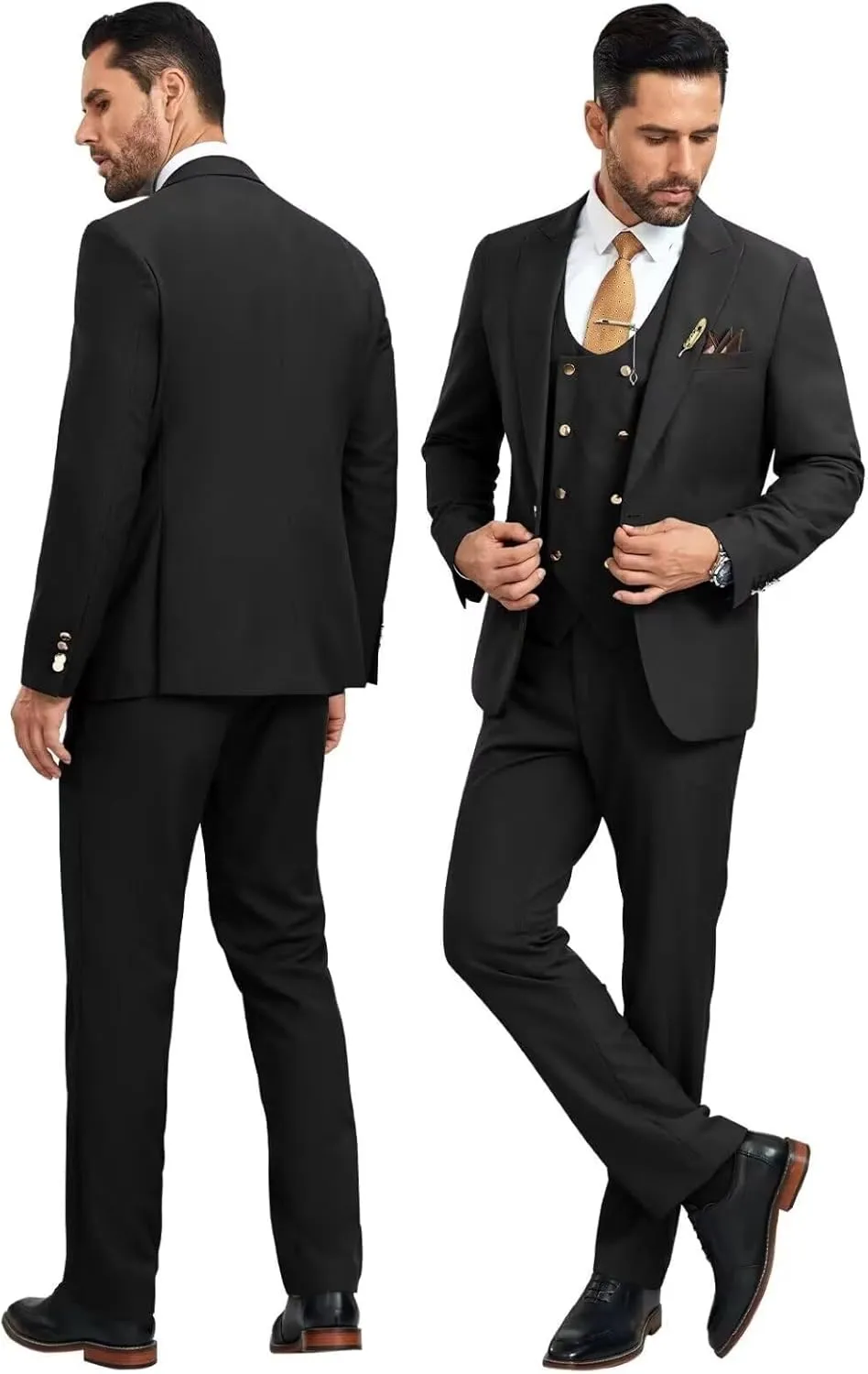 Wangyue 3 Pieces Suits for Men Slim Fit Gold Button Double Breasted Suit Tuxedos Wedding Prom Suit Blazer Vest Pants Set