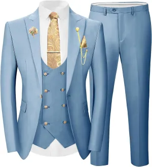 Wangyue 3 Pieces Suits for Men Slim Fit Gold Button Double Breasted Suit Tuxedos Wedding Prom Suit Blazer Vest Pants Set