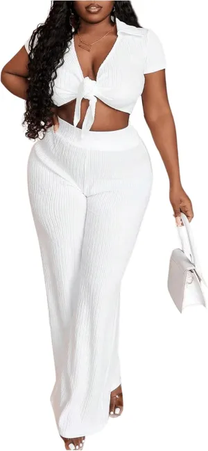 WDIRARA Women's 2 Piece Outfits Tie Front Wide Leg Pants Set Collar V Neck Crop Top and Pants