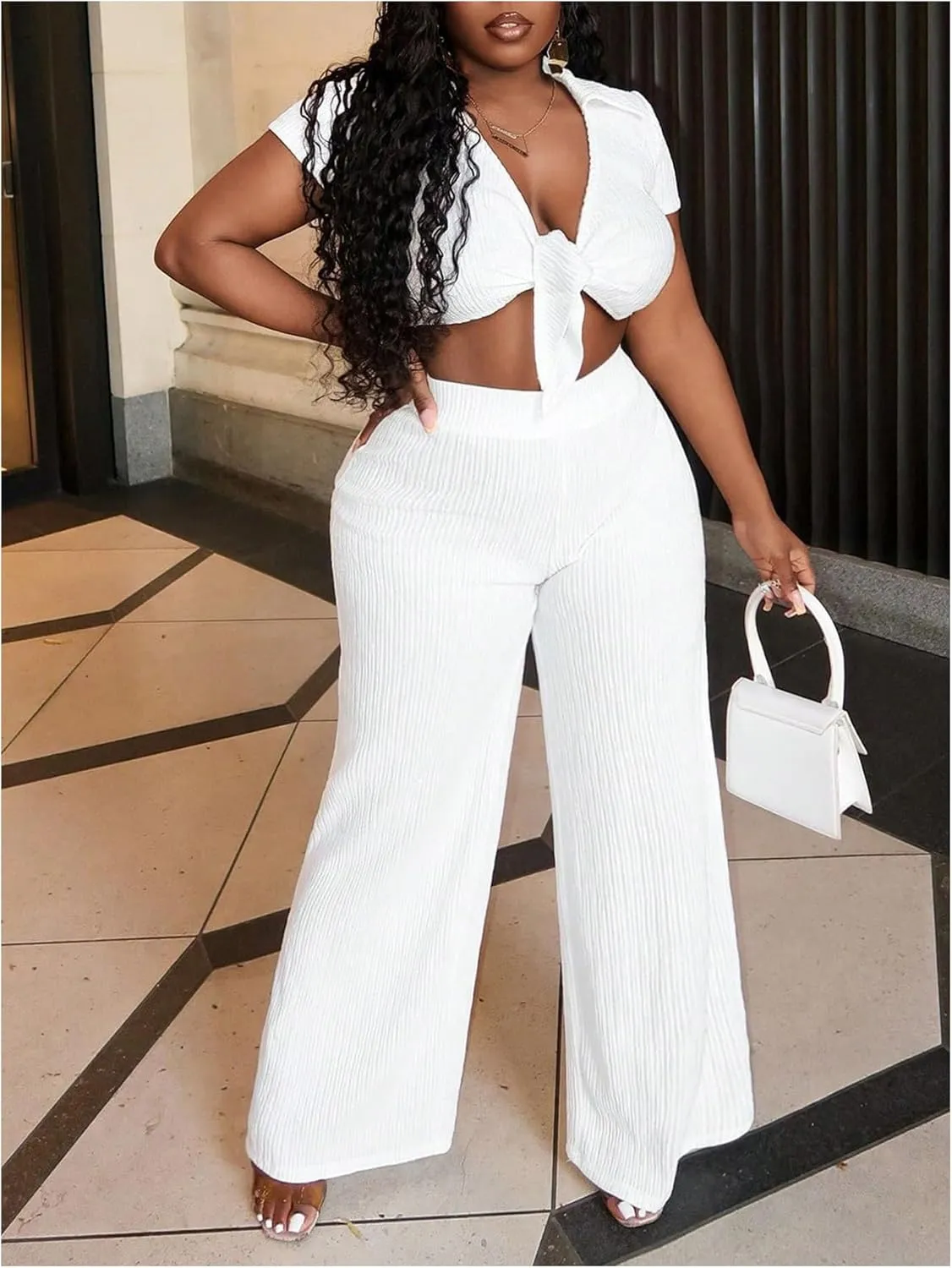WDIRARA Women's 2 Piece Outfits Tie Front Wide Leg Pants Set Collar V Neck Crop Top and Pants