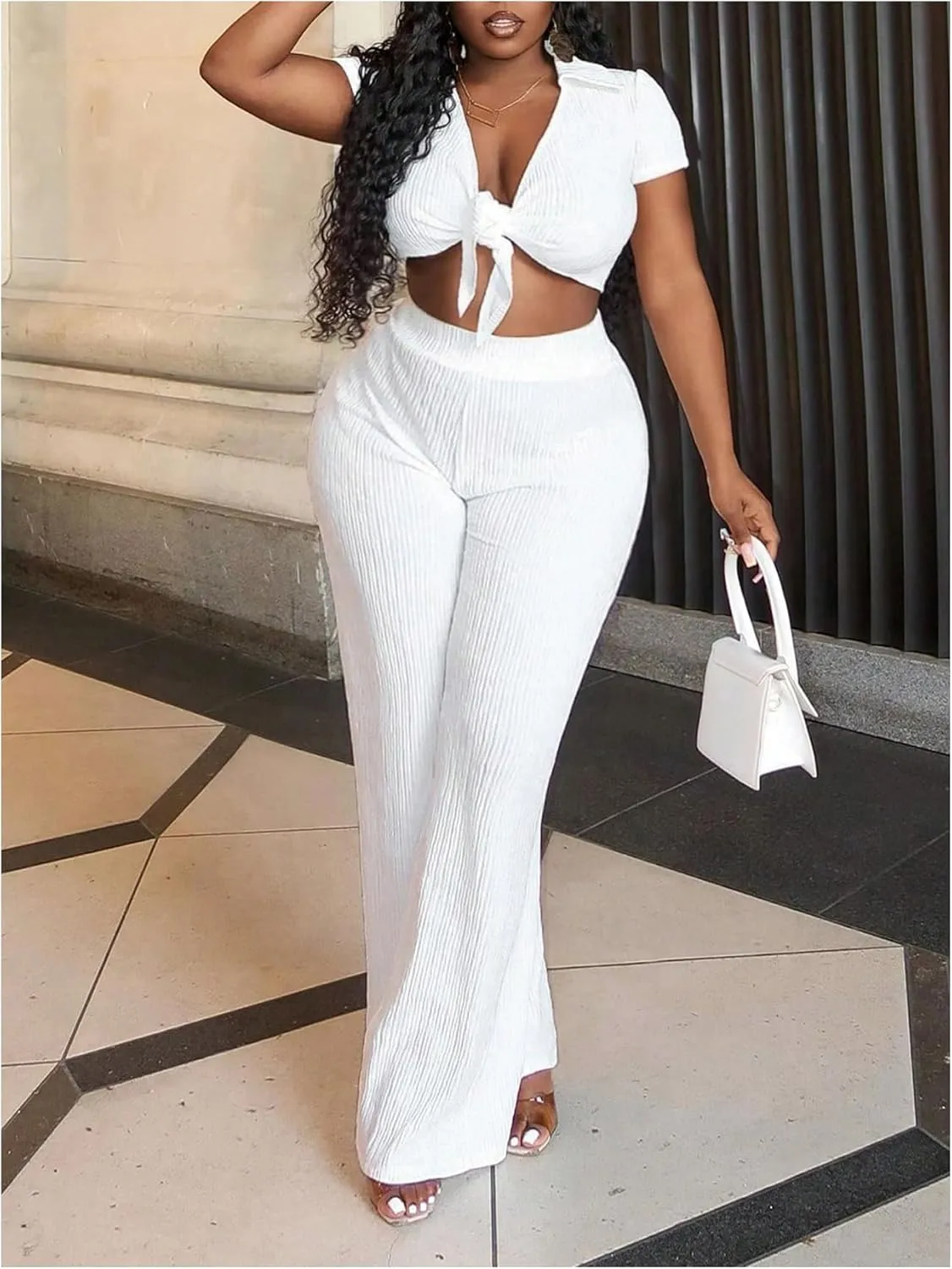 WDIRARA Women's 2 Piece Outfits Tie Front Wide Leg Pants Set Collar V Neck Crop Top and Pants
